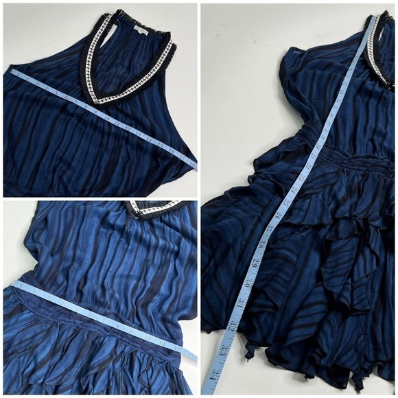 POUPETTE ST BARTH Beline Navy Deep Fringe V-Neck Slim Ruffle Mini Dress - Picture 13 of 15